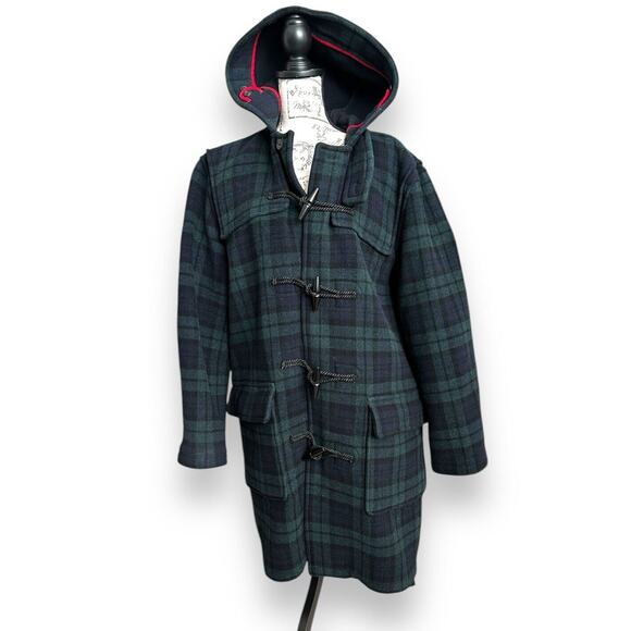 J. Crew Plaid Wool Peacoat Toggle Hooded Coat Green Blue Women's Size Large - Picture 3 of 6